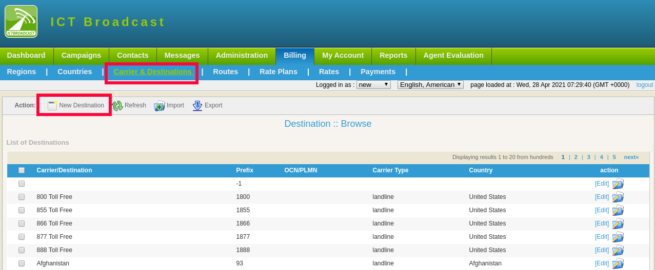 carier and destination form in ICTBroadcast