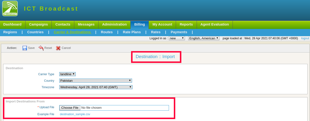 destination import in ICTBroadcast