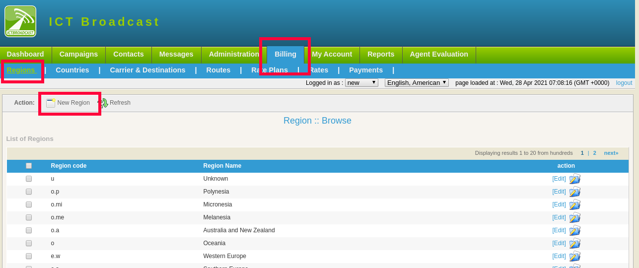 region list in ICTBroadcast