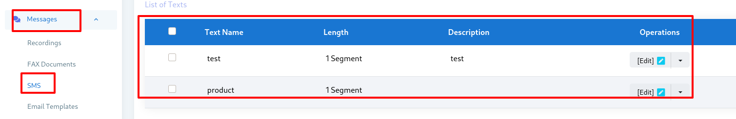 sms template list