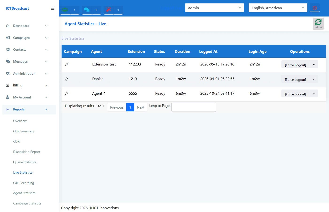 Agent Statistics Live showing agent status, login age and break reasons