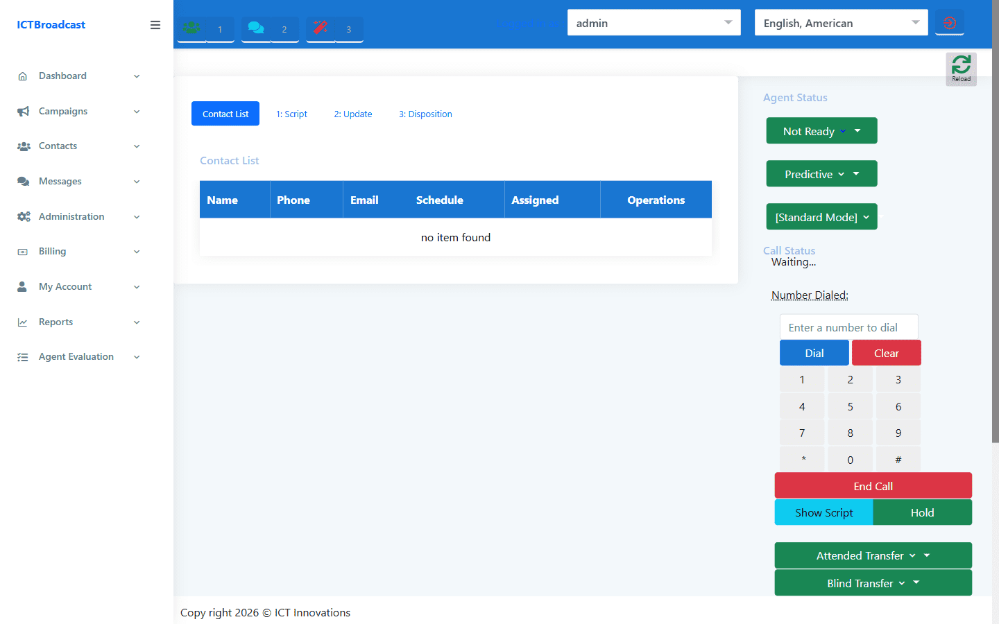 ICTBroadcast agent panel contact list script tab
