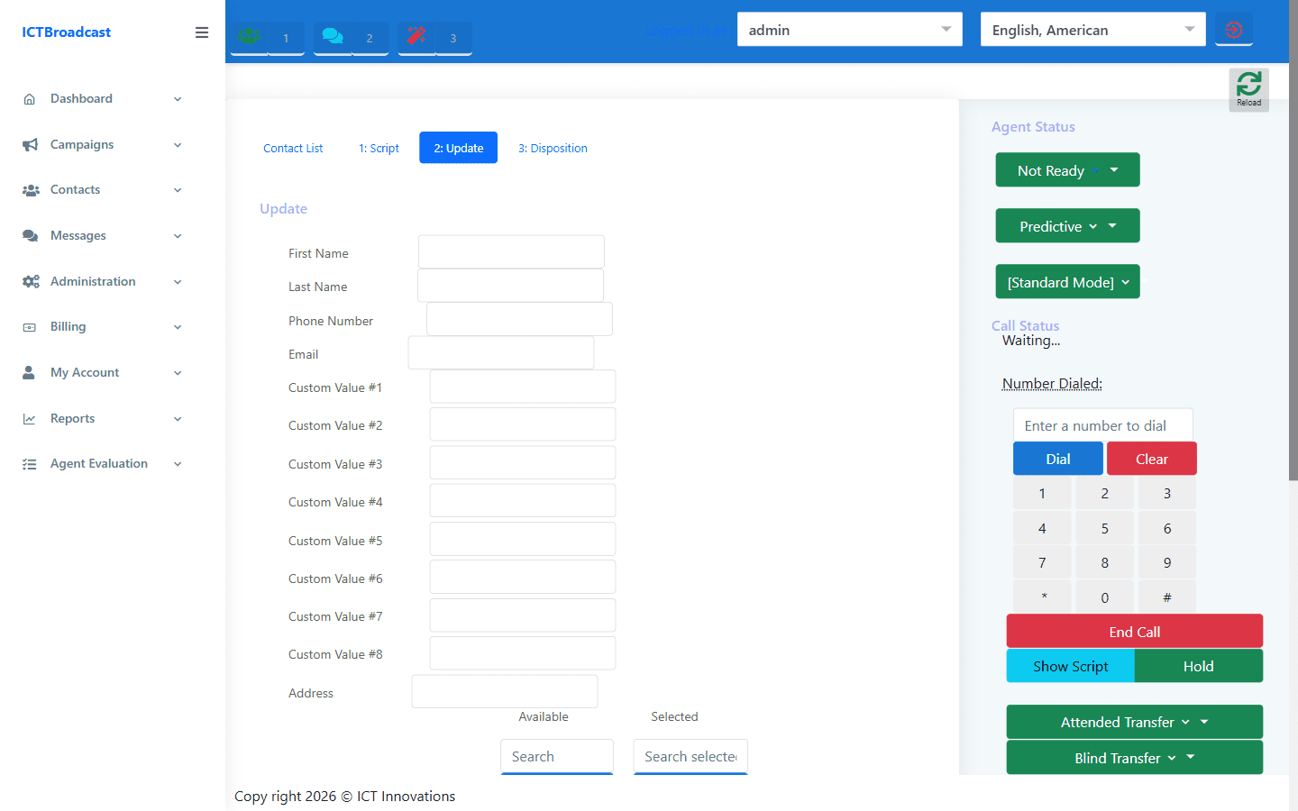 ICTBroadcast agent panel update contact custom fields