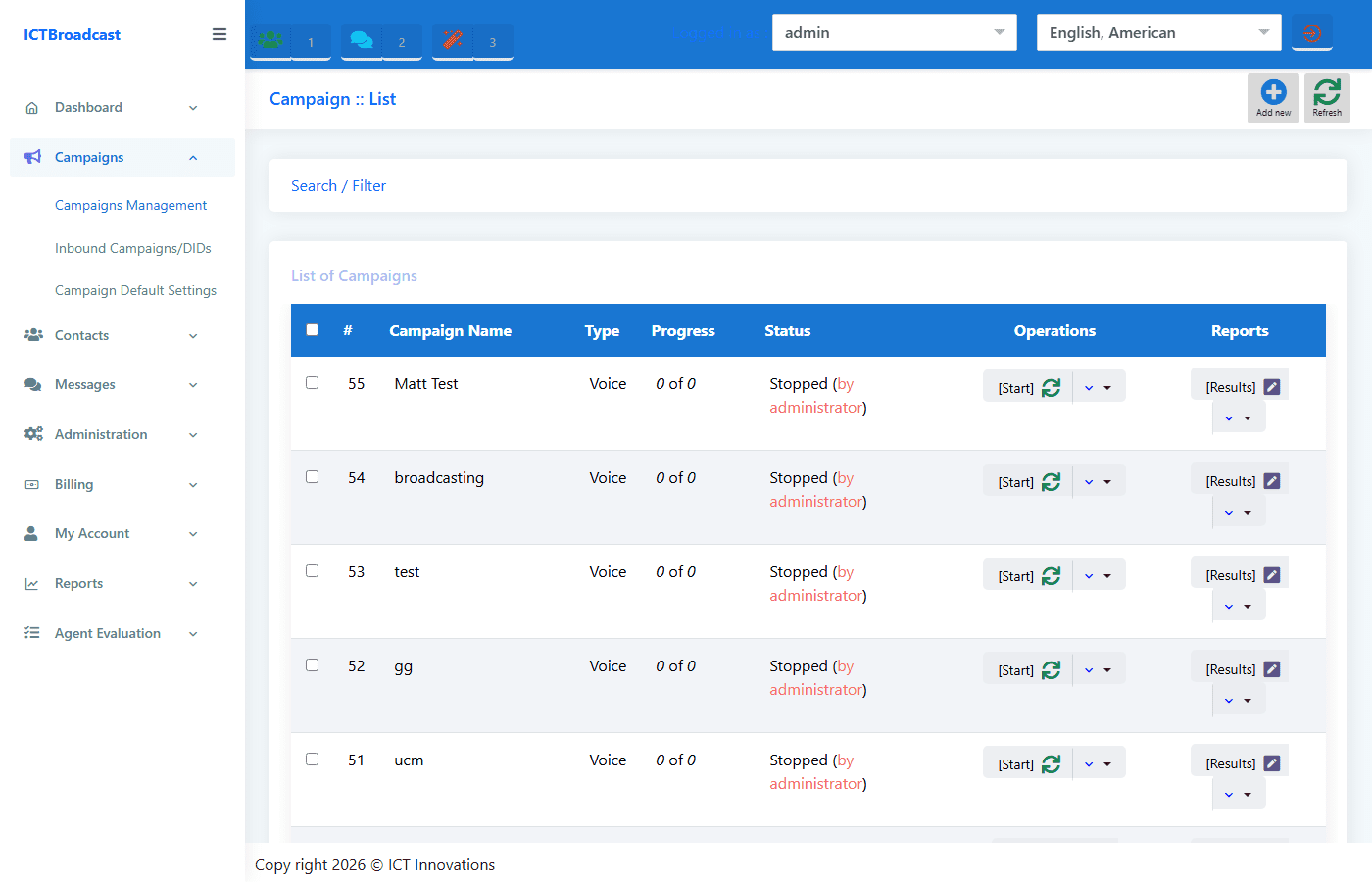 ICTBroadcast campaign default settings compliance controls