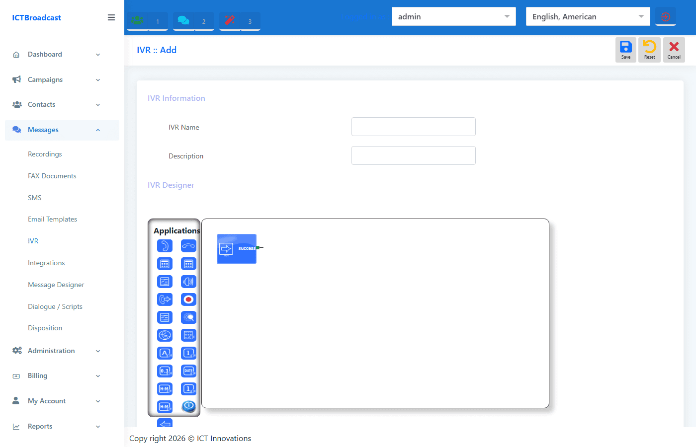 ICTBroadcast IVR Designer node types call answer get input condition
