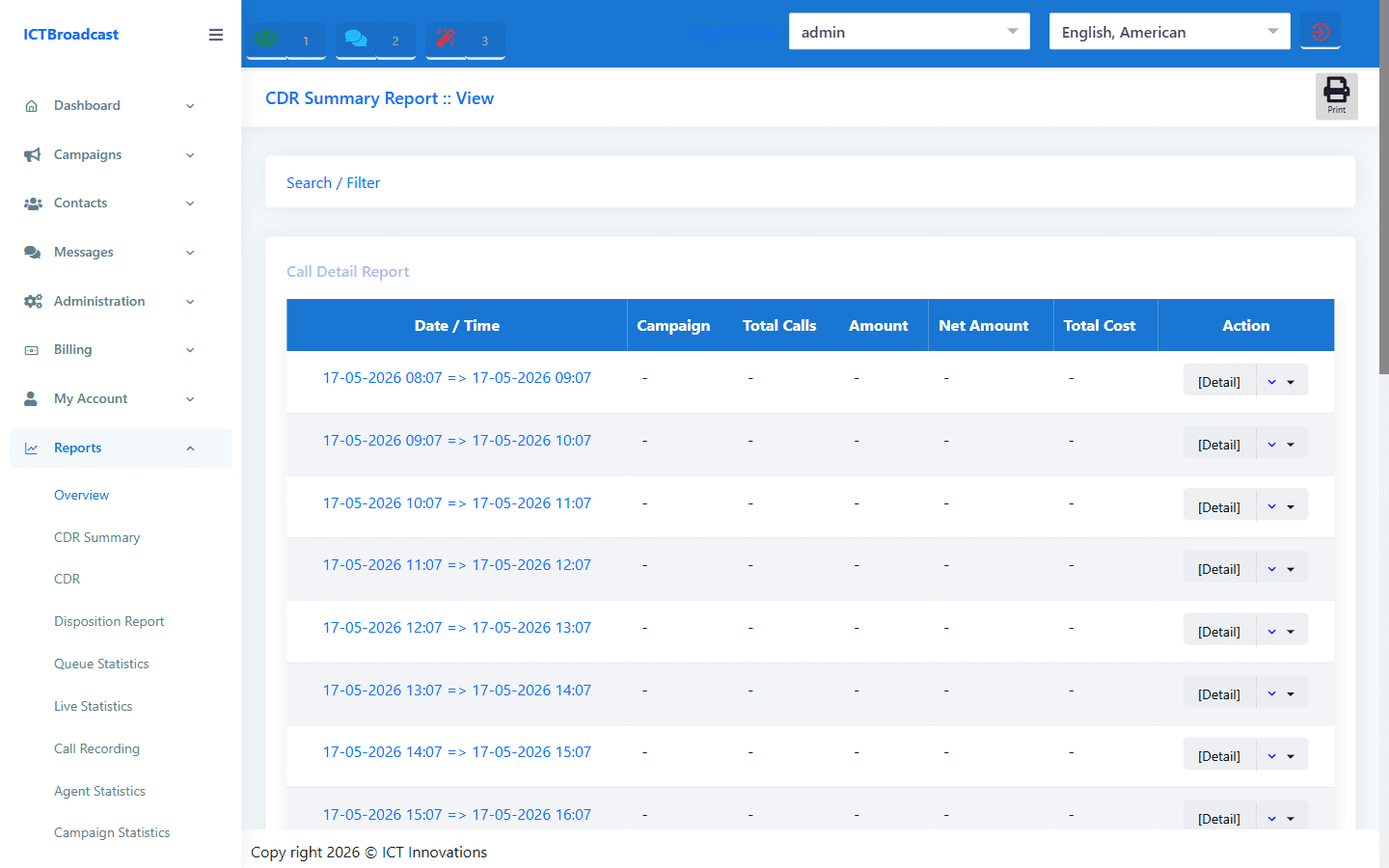 ICTBroadcast overview CDR summary report call center