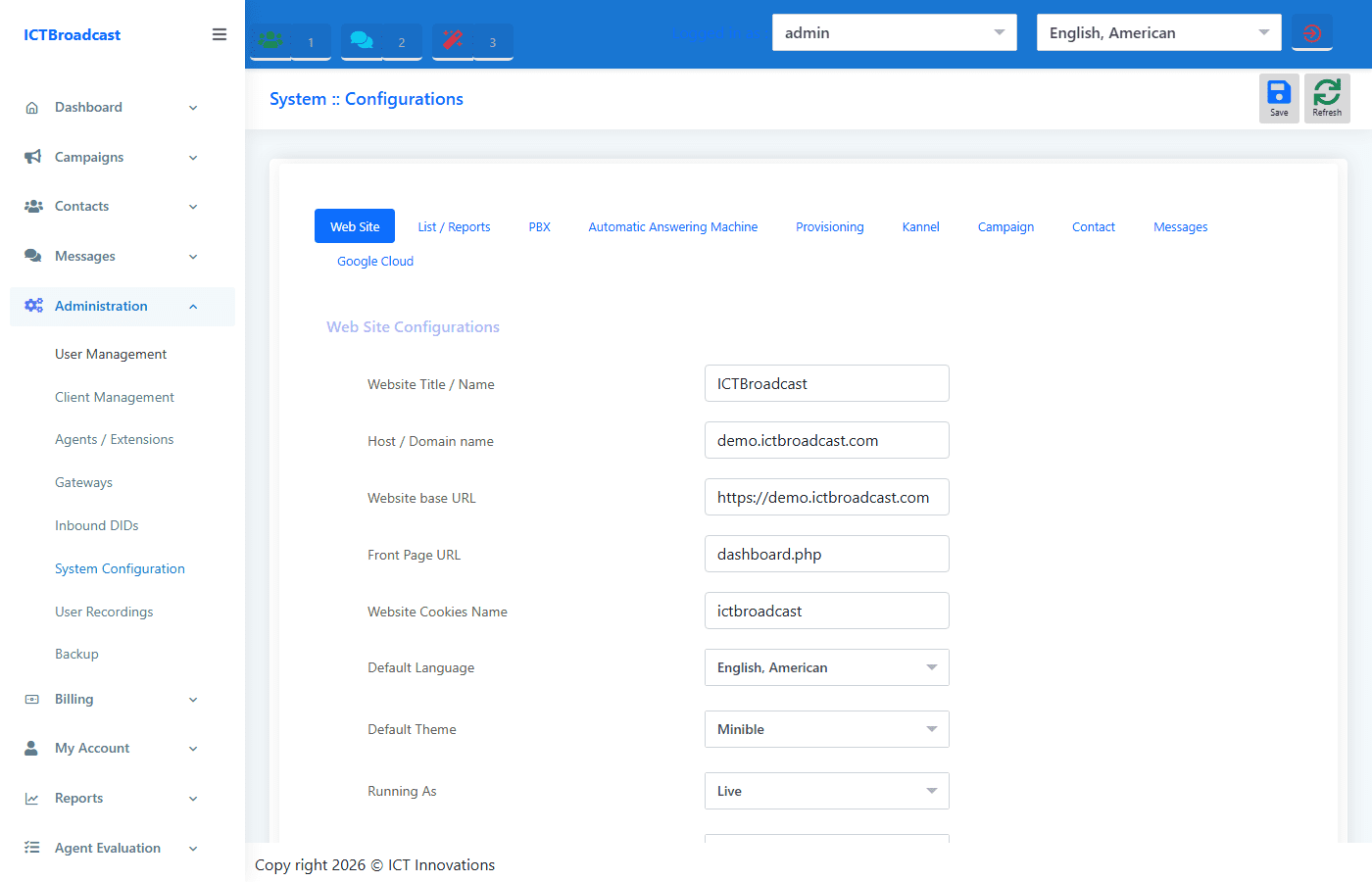 ICTBroadcast system administration backup Kannel Google Cloud configuration